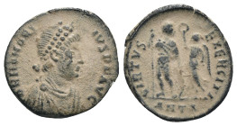 Honorius. (393-395 AD). Follis. Antioch. Obv: DN HONORIVS PF AVG. pearl-diademed bust of Honorius right. Rev: VIRTVS EXERCITI. Honorius standing left ...