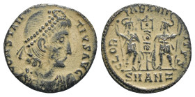 Constans. (346-349 AD). Æ Follis. Antioch. Obv: DN FL CONSTANS PF AVG. pearl-diademed bust of Constans right. Rev: GLORIA EXERCITVS. two soldiers hold...