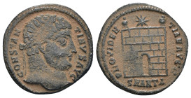 Constantinus I. (307-337 AD). Follis. Antioch. Obv: CONSTANTINVS AVG. laureate bust of Constantinus right. Rev: PROVIDENTIAE AVGG. Campgate with two t...
