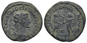 Diocletian. (285 AD). Æ Antoninian. Antioch. Obv: IMP C M AVR VAL DIOCLETIANVS P F AVG. radiate cuirassed bust of Diocletian right. Rev: IOV ET HERCV ...