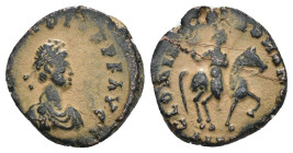Arcadius. (383-408 AD). Follis. Alexandria. Obv: DN ARCADIVS PF AVG. diademed bust of Arcadius right. Rev: GLORIA ROMANORVM. Arcadius on horseback rig...