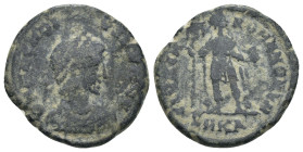 Arcadius. (383-388 AD). Follis. Cyzicus. Obv: D N ARCADIVS P F AVG. diademed and armed bust of Arcadius right ; hand of God above. Rev: GLORIA ROMANOR...