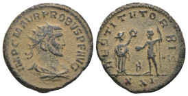 Probus. (276-282 AD). Æ Antoninian. Antioch. Obv: IMP C M AVR PROBVS P F AVG. radiate cuirassed bust of Probus right. Rev: RESTITVT ORBIS. women stand...