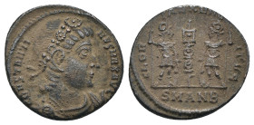 Constantinus I. (306-337 AD). Æ Follis. Antioch. Obv: CONSTANTINVS MAX AVG. pearl-diademed bust of Constantinus I. right. Rev: GLORIA EXERCITVS. two s...