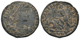 Constantinus II. (351-354 AD). Follis. Antioch. Obv: D N CONSTANTIVS P F AVG. diademed bust of Constantinus right. Rev: FEL TEMP REPARATIO. soldier st...