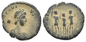 Honorius. (406-408 AD). Æ Follis. Cyzicus. Obv: D N HONORIVS P F AVG. perl-diademed bust of Honorius right. Rev: GLORIA ROMANORVM. Three emperors Arca...