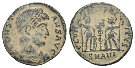 Constans. (346-349 AD). Æ Follis. Antioch. Obv: DN FL CONSTANS PF AVG. pearl-diademed bust of Constans right. Rev: GLORIA EXERCITVS. two soldiers hold...