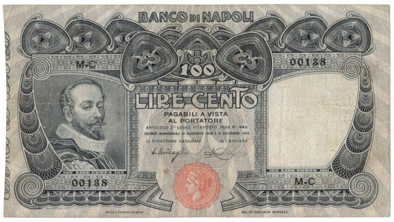 Cartamoneta. Banco di Napoli. 100 Lire Tasso. D.M. 13-12-1914. Gig, BN10E. Usual...