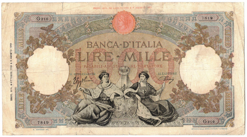 Cartamoneta. Repubblica Sociale Italiana. 1.000 Lire Regine del Mare. D.M. 8-10-...