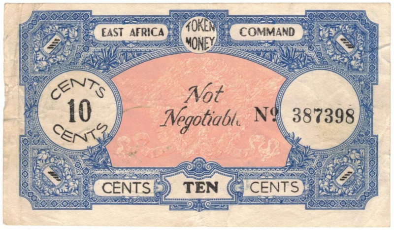 Cartamoneta Estera. East Africa. 10 Cents. Token Money. 1940-1945. Usato nella S...