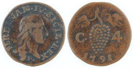 Napoli. Ferdinando IV. 1759-1799. 4 Cavalli 1791. Ae. Mag. 341. Peso gr. 2,04. Diametro mm. 18. qBB. (1024)