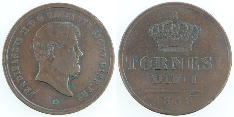 Zecche Italiane. Napoli. Ferdinando II. 1830-1859. 10 Tornesi 1858. Ae. Mag. 695...