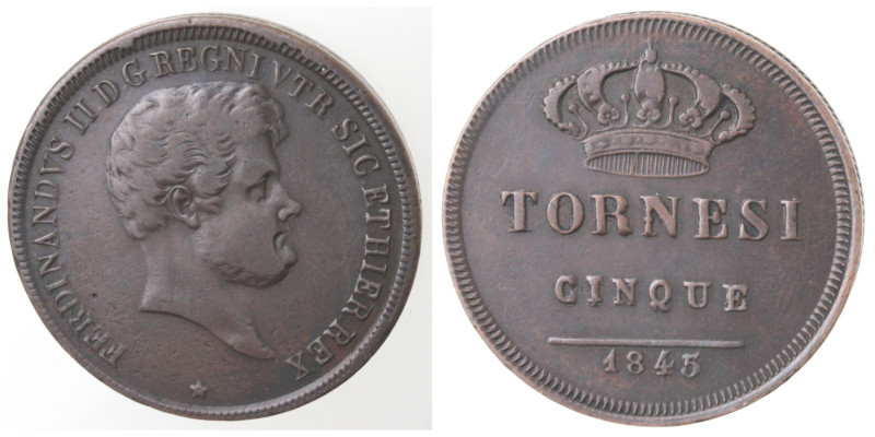 Zecche Italiane. Napoli. Ferdinando II. 1830-1859. 5 Tornesi 1845. 5 ribattuto 3...