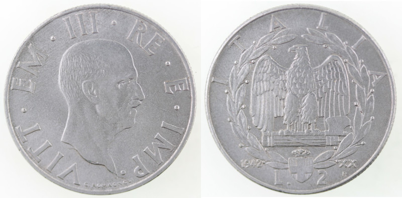 Casa Savoia. Vittorio Emanuele III. 1900-1943. 2 Lire 1942. Impero. Ac. Gig. 123...