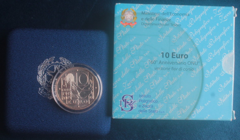 Euro. Repubblica Italiana. 10 Euro 2005. Ag. 60°Anniversario dell'Onu. Peso 22 g...