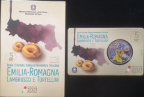 Euro. Repubblica Italiana. 5 Euro Coin Card 2021. CuNi. Serie Cultura Gastronomica Italiana. Emilia Romagna. Lambrusco e Tortellini. FDC. (0724)