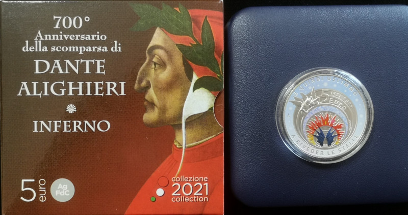 Euro. Repubblica Italiana. 5 Euro 2021. Ag. 700° Anniversario della Scomparsa di...