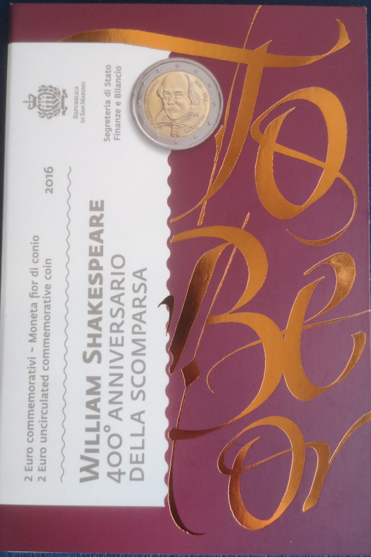 Euro. San Marino. 2 Euro 2016. 400°Anniversario della Scomparsa di William Shake...