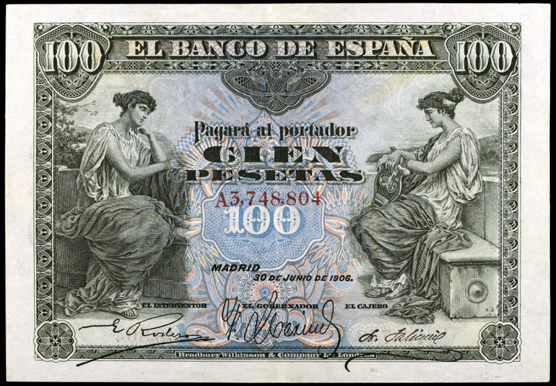 1906. 100 pesetas. (Ed. B97a) (Ed. 313a). 30 de junio. Serie A. Leve doblez. EBC...