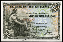 1906. 25 pesetas. (Ed. B98) (Ed. 314). 24 de septiembre. Sin serie. Leve doblez. Escaso. EBC-.