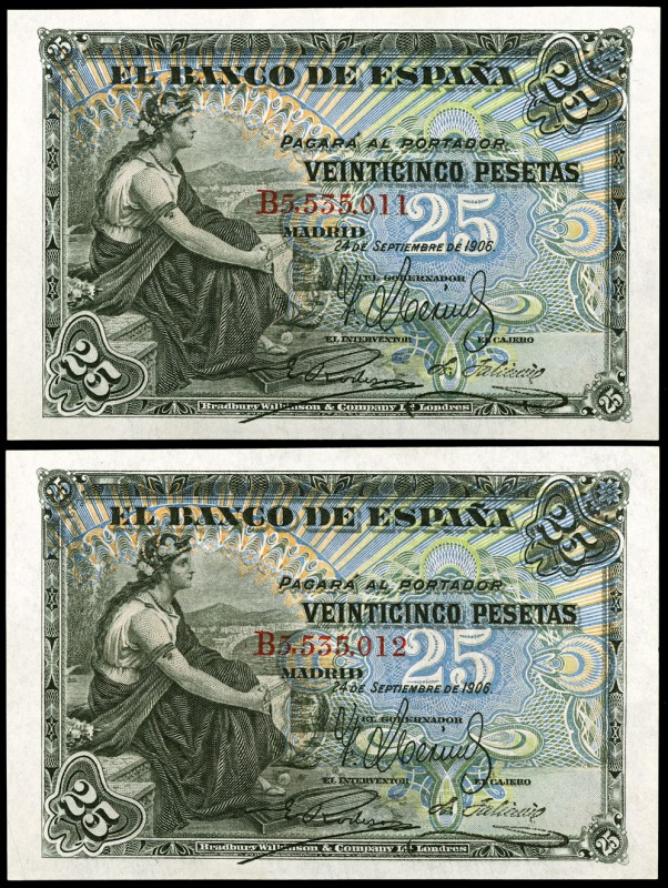 1906. 25 pesetas. (Ed. B98a) (Ed. 314a). 24 de septiembre. Pareja correlativa, s...