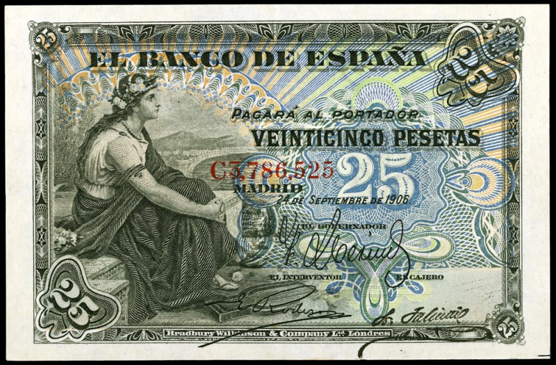1906. 25 pesetas. (Ed. B98a) (Ed. 314a). 24 de septiembre. Serie C. Escaso. EBC+...