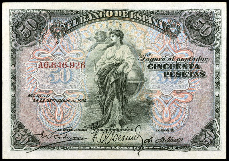 1906. 50 pesetas. (Ed. B99a) (Ed. 315a). 24 de septiembre. Serie A. Leve doblez....