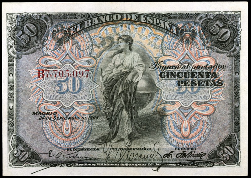 1906. 50 pesetas. (Ed. B99a) (Ed. 315a). 24 de septiembre. Serie B. Leve doblez....