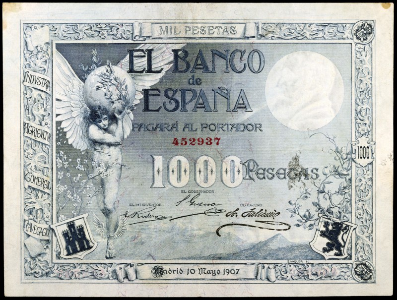 1907. 1000 pesetas. (Ed. B101) (Ed. 317). 10 de mayo. Manchitas. Leve doblez, pe...