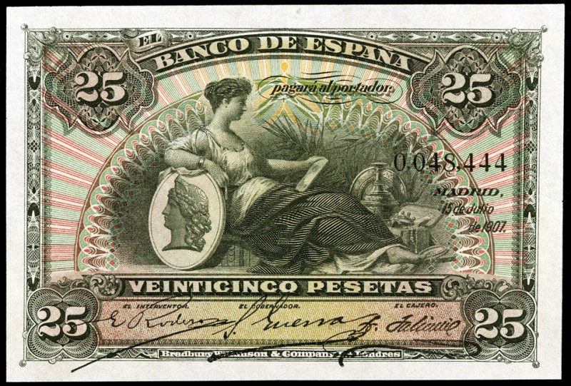 1907. 25 pesetas. (Ed. B102) (Ed. 318). 15 de julio. Nº 0048444. Mínimo doblez, ...