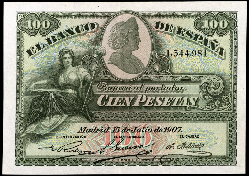 1907. 100 pesetas. (Ed. B104) (Ed. 320). 15 de julio. Doblez. Escaso así. EBC.