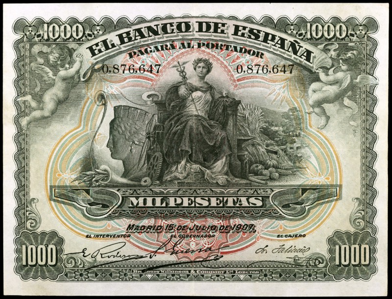1907. 1000 pesetas. (Ed. B106) (Ed. 322). 15 de julio. Doblez central. Raro. EBC...