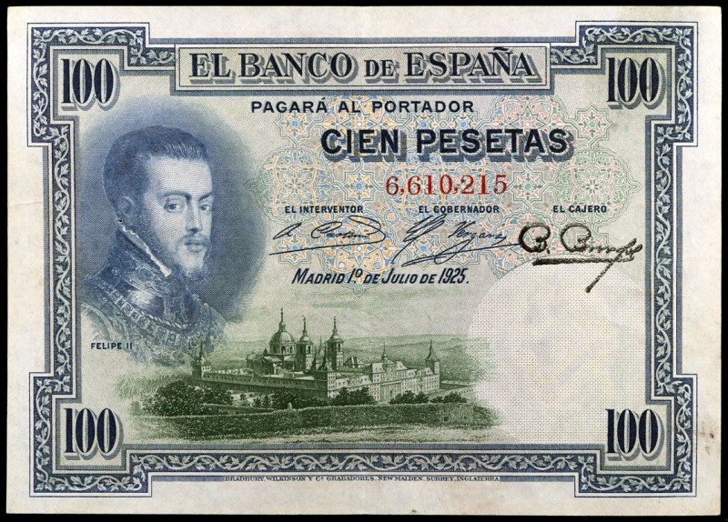 1925. 100 pesetas. (Ed. B107) (Ed. 323). 1 de julio, Felipe II. Sin serie y sin ...