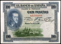 1925. 100 pesetas. (Ed. B107a) (Ed. 323a). 1 de julio, Felipe II. Serie A. Sin sello en seco. MBC+.