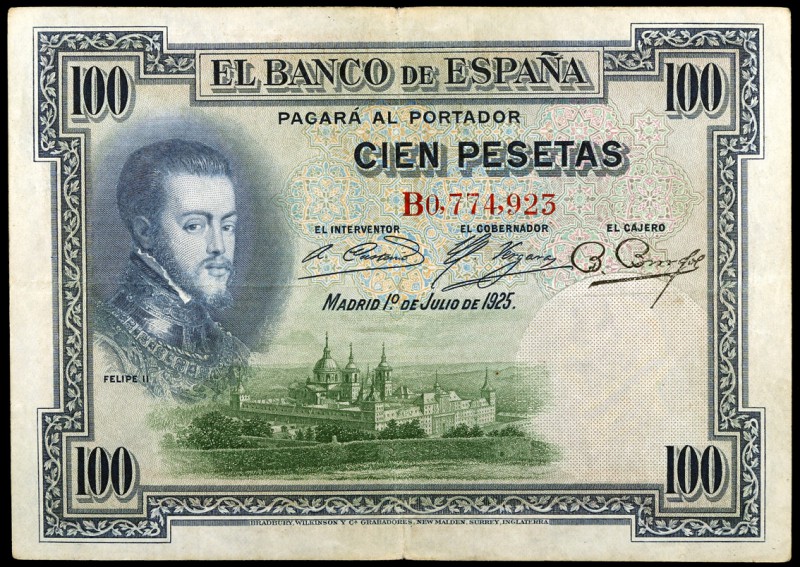 1925. 100 pesetas. (Ed. B107a) (Ed. 323a). 1 de julio, Felipe II. Serie B. Sin s...