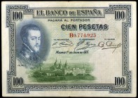 1925. 100 pesetas. (Ed. B107a) (Ed. 323a). 1 de julio, Felipe II. Serie B. Sin sello en seco. MBC.