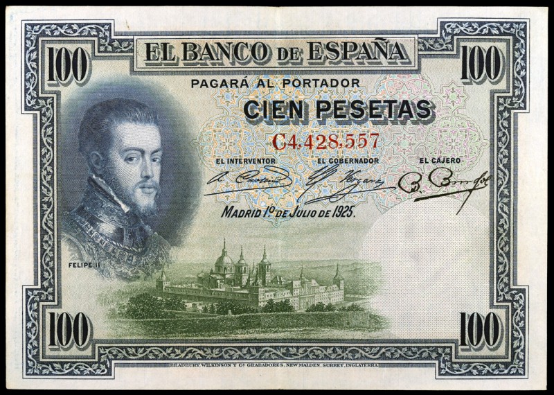 1925. 100 pesetas. (Ed. B107a) (Ed. 323a). 1 de julio, Felipe II. Serie C. Sin s...