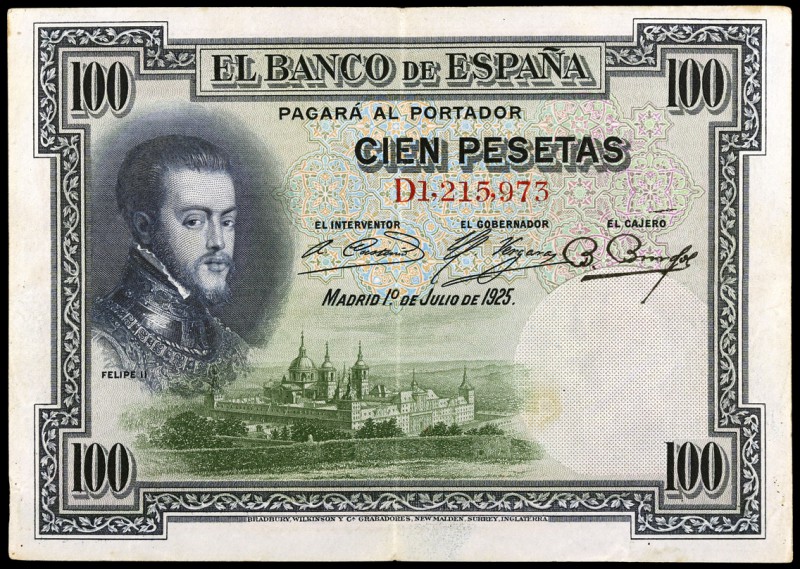 1925. 100 pesetas. (Ed. B107a) (Ed. 323a). 1 de julio, Felipe II. Serie D. Sin s...