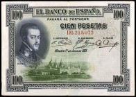 1925. 100 pesetas. (Ed. B107a) (Ed. 323a). 1 de julio, Felipe II. Serie D. Sin sello en seco. Manchita. MBC.