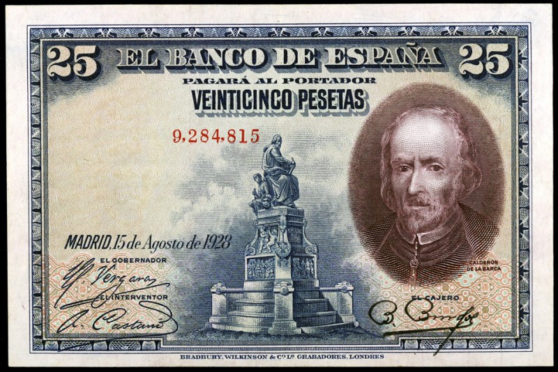1928. 25 pesetas. (Ed. B112) (Ed. 328). 15 de agosto, Calderón de la Barca. Sin ...