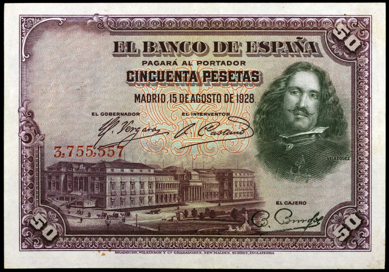 1928. 50 pesetas. (Ed. B113) (Ed. 329). 15 de agosto, Velázquez. Sin serie. EBC+...