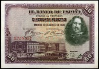 1928. 50 pesetas. (Ed. B113) (Ed. 329). 15 de agosto, Velázquez. Sin serie. EBC+.