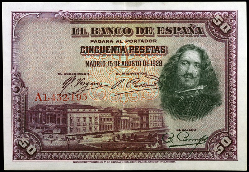 1928. 50 pesetas. (Ed. B113a) (Ed. 329a). 15 de agosto, Velázquez. Serie A. EBC....