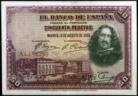 1928. 50 pesetas. (Ed. B113a) (Ed. 329a). 15 de agosto, Velázquez. Serie A. EBC.