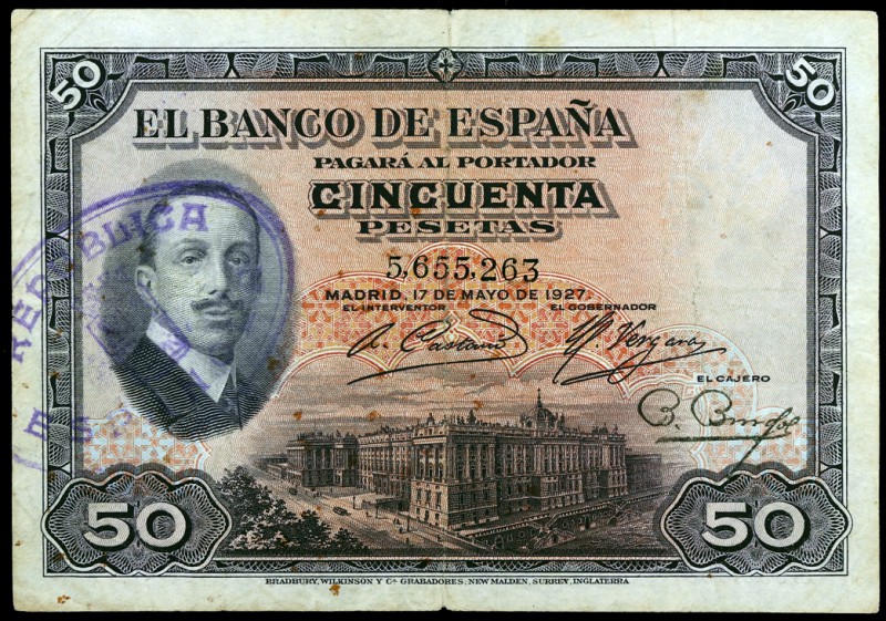 1927. 50 pesetas. (Ed. B115) (Ed. 332). 17 de mayo, Alfonso XIII. Sello tampón R...