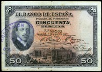 1927. 50 pesetas. (Ed. B115) (Ed. 332). 17 de mayo, Alfonso XIII. Sello tampón REPÚBLICA ESPAÑOLA, en horizontal. Manchitas. MBC-.