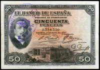 1927. 50 pesetas. (Ed. B115) (Ed. 332). 17 de mayo, Alfonso XIII. Sello tampón REPÚBLICA ESPAÑOLA, en vertical. MBC+.