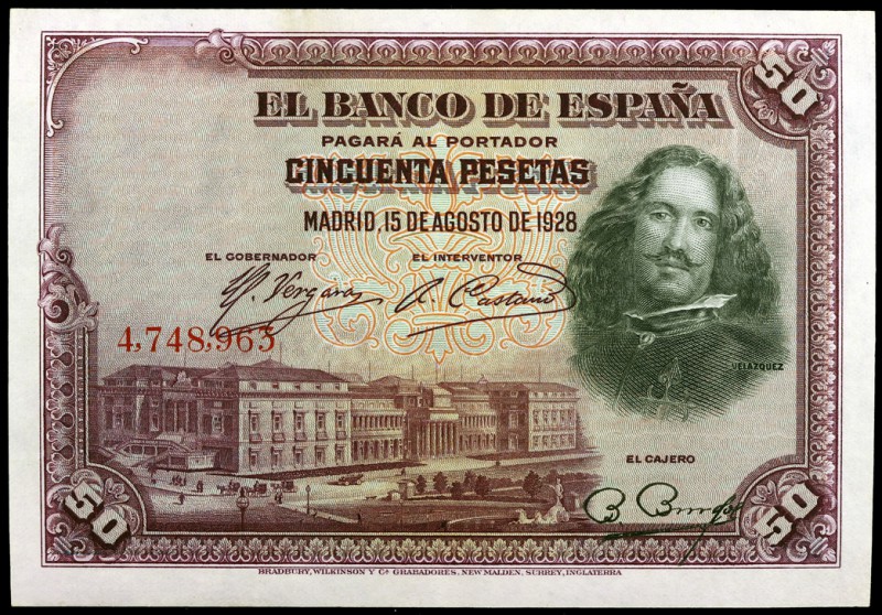 1928. 50 pesetas. (Ed. B123) (Ed. 340). 15 de agosto, Velázquez. Sin serie. Sell...