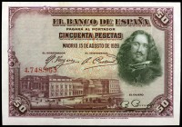 1928. 50 pesetas. (Ed. B123) (Ed. 340). 15 de agosto, Velázquez. Sin serie. Sello en seco del Gobierno Provisional. Leve doblez. EBC+.