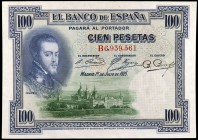 1925. 100 pesetas. (Ed. B127) (Ed. 344). 1 de julio, Felipe II. Sello en seco del Gobierno Provisional. Doblez central. EBC-.